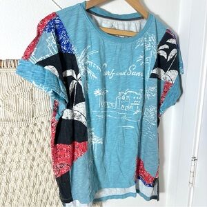 Anthropologie Pilcro Laguna Aqua Surf and Sand Graphic Patchwork Bandana Tee S